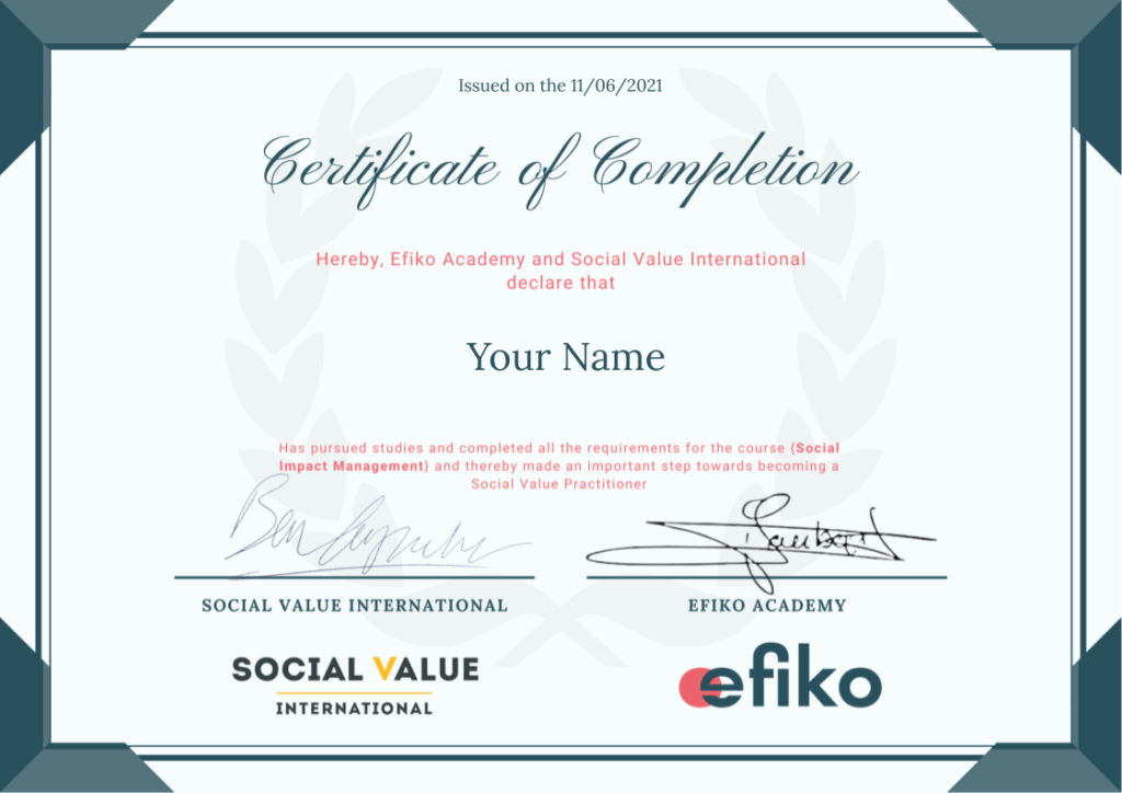 Online impact course certificate by Social Value International and Efiko Academy accreditation