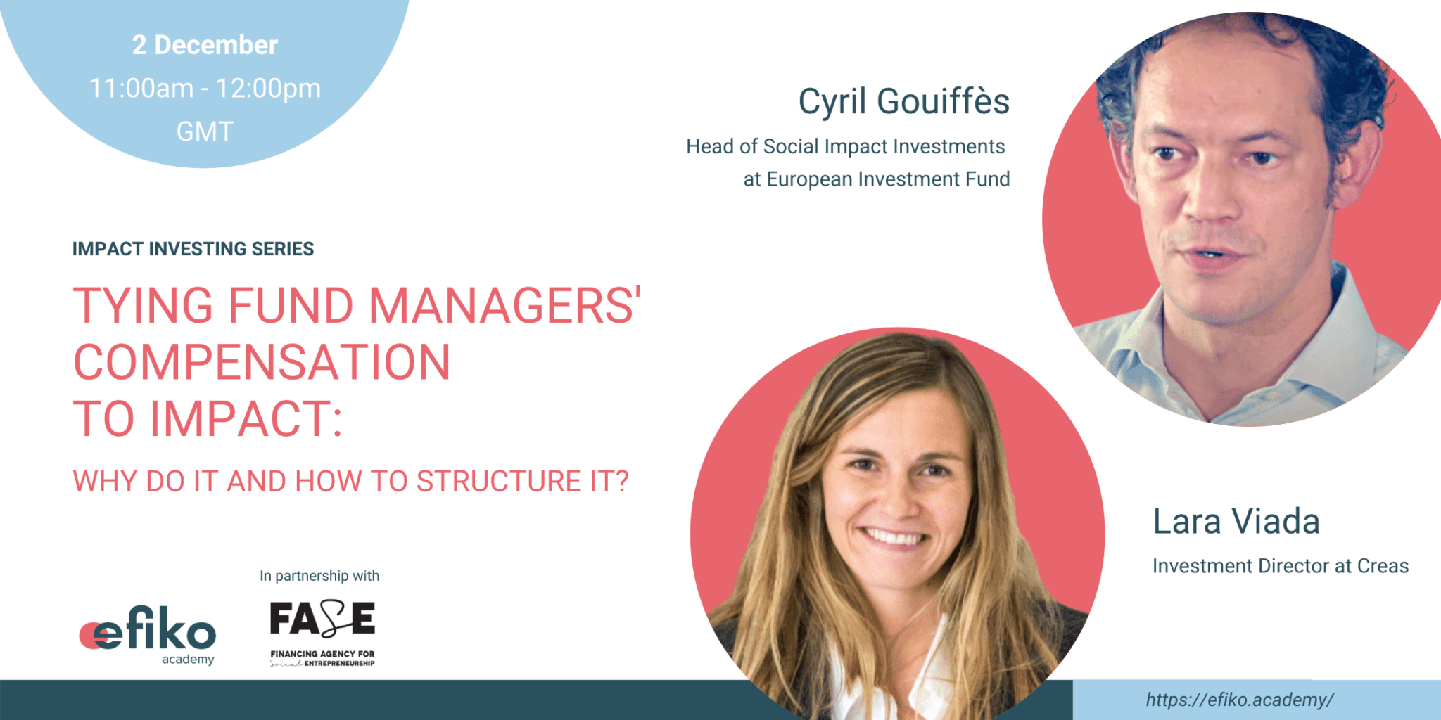 Impact webinar by Efiko and FASE about tying fund manager's compensation to impact with Cyril Gouiffès and Lara Viada